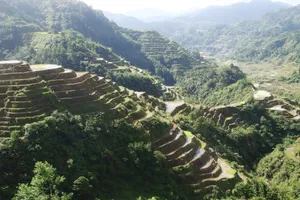 Caption: Majestic Banaue Rice Terraces Amidst Morning Mist Wallpaper