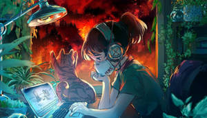 Caption: Masked Girl In A 4k Lo-fi Setting Wallpaper