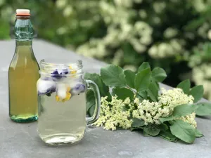 Caption: Refreshing Elderflower Cordial In Glass Bottle Wallpaper