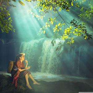Capturing The Beautiful Moments Near A Peaceful Waterfall. Wallpaper