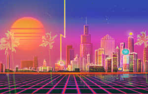Cars, Buildings And Colorful Lights Illuminate The Night In Synthwave City. Wallpaper