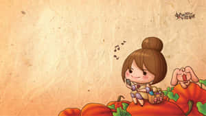 Cartoon Thanksgiving Girl Sitting On Pumpkins Wallpaper