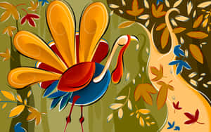 Cartoon Thanksgiving Turkey With Falling Leaves Wallpaper