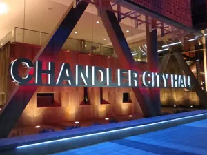 Chandler City Hall Bright Sign At Night Wallpaper