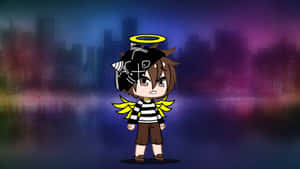 Chibi Style Angel Character Cityscape Background Wallpaper