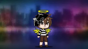 Chibi Style Angel Character Cityscape Background Wallpaper
