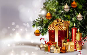 Christmas Balls, Candles, Gifts Underneath Christmas Tree Wallpaper