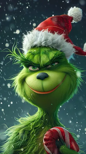 Christmas Grinch Smirkwith Candy Cane Wallpaper