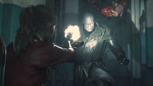 “claire Redfield Takes On Mr. X In The Resident Evil 2 Remake” Wallpaper