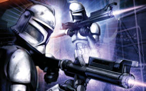 Clone Troopers Unleash A Devastating Salvo Of Blaster Fire As They Charge Into Battle Wallpaper