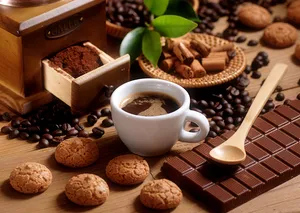 Coffee Cup Amidst Sweets And Beans Wallpaper