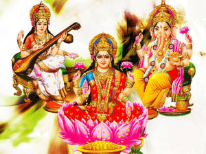 Colorful Artistic Representation Of Laxmi, Ganesh, And Saraswati Wallpaper