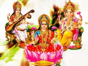 Colorful Artistic Representation Of Laxmi, Ganesh, And Saraswati Wallpaper