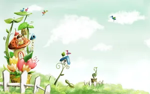 Colorful Birdhouse Drawing Desktop Wallpaper