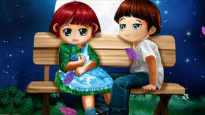 Cute Cartoon Couple On Bench Wallpaper