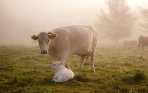 Cute Cow With Calf On Grass Wallpaper