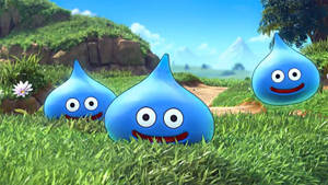 Cute Dragon Quest Slimes In Grassy Field Wallpaper