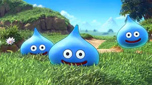 Cute Dragon Quest Slimes In Grassy Field Wallpaper