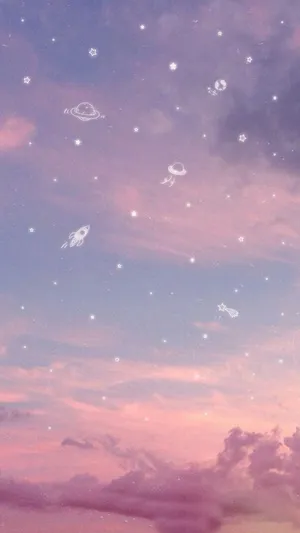 Cute Galaxy Doodles On Pastel Sky Wallpaper