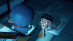 Cute Nobita Woken Up By Doraemon Wallpaper