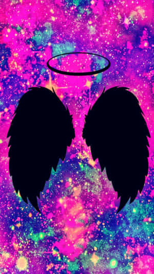 Cute Pastel Galaxy With Black Angel Wings Wallpaper