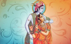 Cute Radha Krishna Blue Orange Background Wallpaper