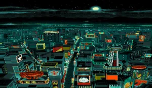 Cyberpunk Aerial City Nightscape Pixel Art Wallpaper