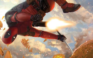 Deadpool In Mid-air Shooting Wallpaper