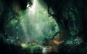 Deer Grazing In An Enchanted Forest Wallpaper