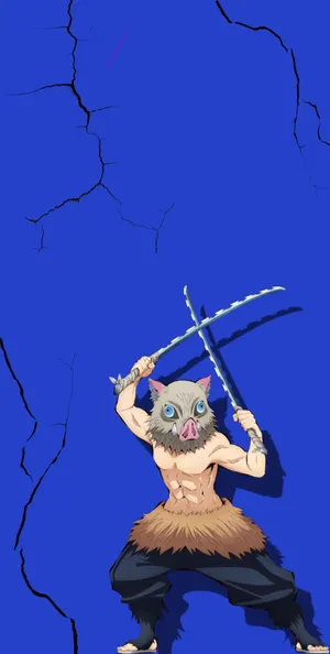 Demon Slayer Inosuke Crossing His Swords Above His Head Wallpaper