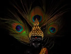 Devotion In Colors: Divine Image Of Vithu Mauli Adorned With Peacock Feathers Wallpaper