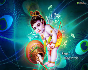 Divine Little Krishna With Lush Green Peacock Pattern Wallpaper