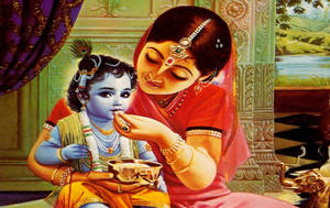 Divine Love Between Lord Krishna And Mother Devaki Wallpaper