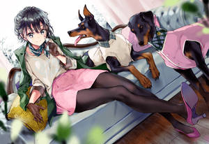 Doberman Anime Dogs With Girl Wallpaper