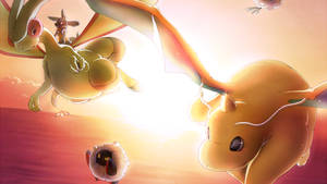 Dragonite Aerial Manoeuvres Against A Stunningly Majestic Sunset Wallpaper