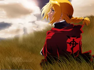 Edward Elric On A Grassy Field In The World Of Fullmetal Alchemist Wallpaper