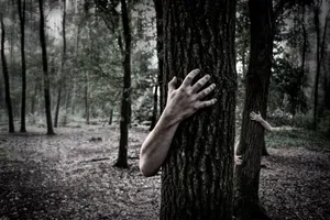 Eerily Intriguing Picture Of Ghostly Hands Grasping Tree Trunks Wallpaper