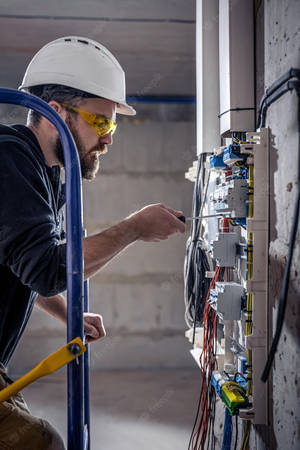 Electrical Technician Inspecting Electronic Wiring Wallpaper