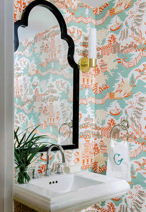 Elegant Chinoiserie Mirror In A Stylish Powder Room Wallpaper