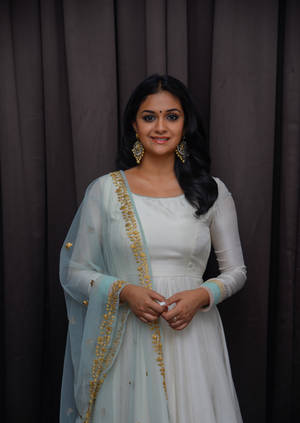 Elegant Keerthi Suresh In A White Saree Wallpaper