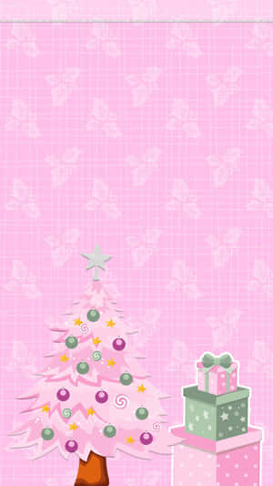 Elegant Pink Christmas Tree In A Cozy Living Room Wallpaper