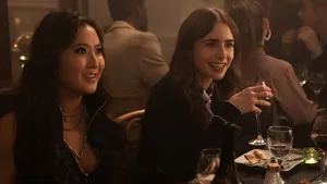 Emily Cooper (lily Collins) Enjoy A Glass Of Wine During A Night Out In Paris. Wallpaper