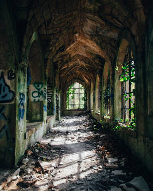 Empty Building Ruins Hallway Wallpaper