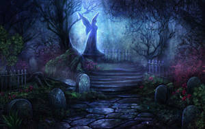 Enchanted Graveyard With Fairy Statue Wallpaper