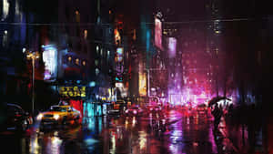 Enjoy The Beauty Of A Neon Cityscape At Night Wallpaper
