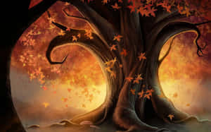 Enjoy The Beauty Of Autumn With This Cute Desktop Wallpaper Featuring A Sun Soaked Grove Under A Clear Blue Sky. Wallpaper