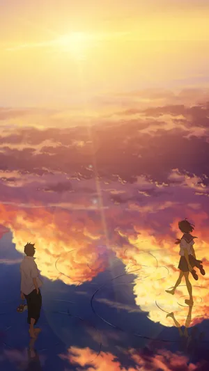 Enjoying The Serenity Of A Colorful Anime Sunset. Wallpaper