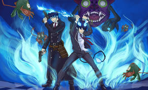 Epic Battle Scene Between Rin And Demons In Blue Exorcist Wallpaper