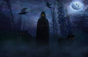 Evil Figure Wolves Moon Night Wallpaper