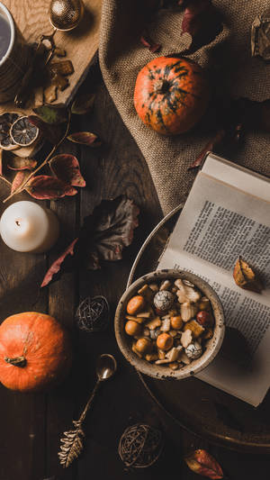 Fall Aesthetic Iphone Bowl And Pumpkins Wallpaper